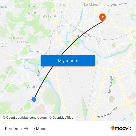 Perrières to Le Mans map