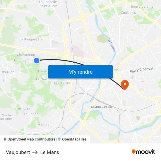Vaujoubert to Le Mans map