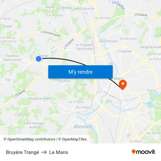 Bruyère Trangé to Le Mans map