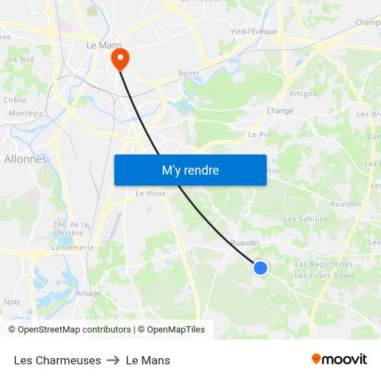 Les Charmeuses to Le Mans map
