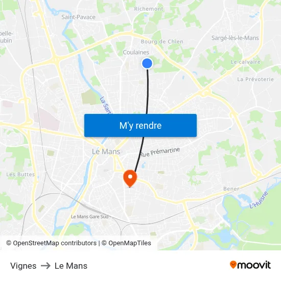 Vignes to Le Mans map