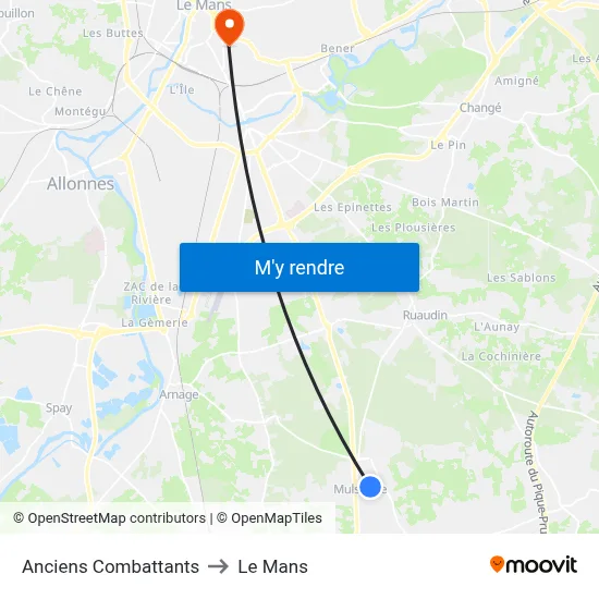 Anciens Combattants to Le Mans map