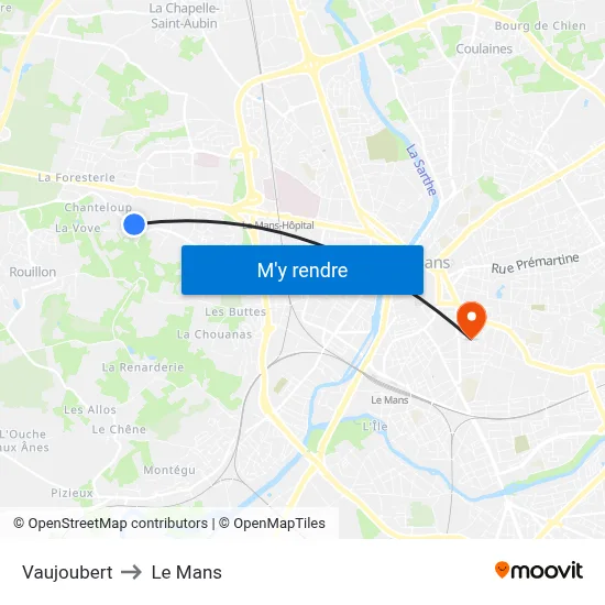 Vaujoubert to Le Mans map