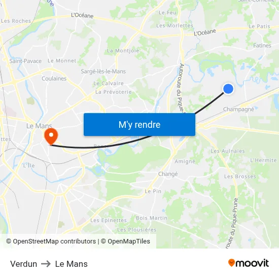 Verdun to Le Mans map