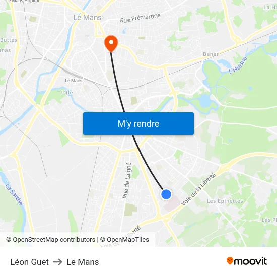 Léon Guet to Le Mans map