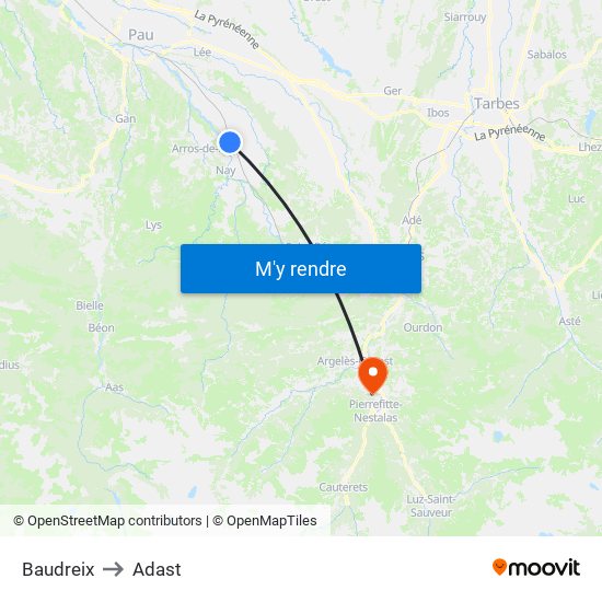Baudreix to Adast map