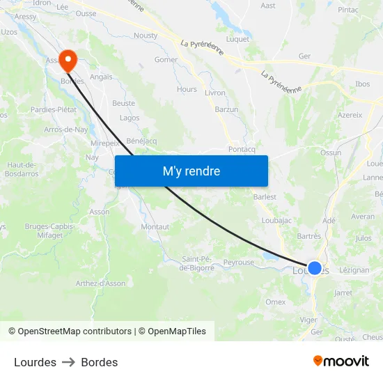 Lourdes to Bordes map
