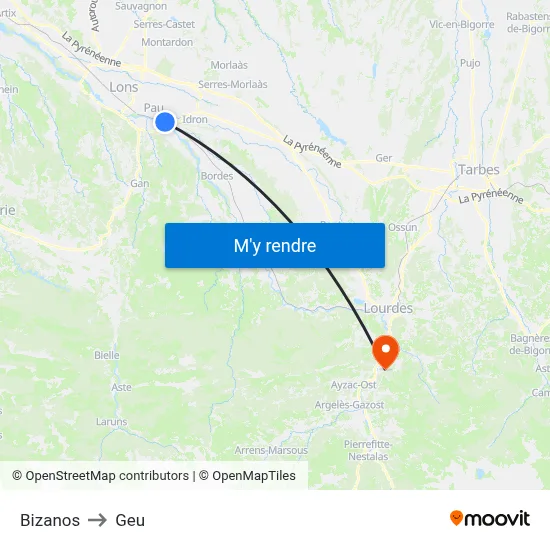 Bizanos to Geu map