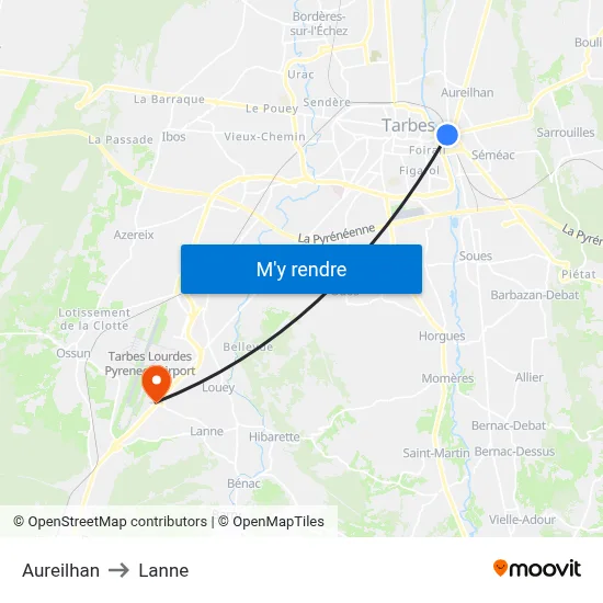 Aureilhan to Lanne map