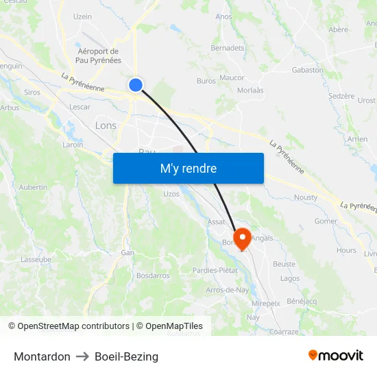 Montardon to Boeil-Bezing map