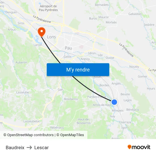 Baudreix to Lescar map