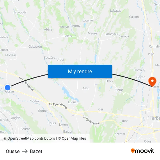 Ousse to Bazet map