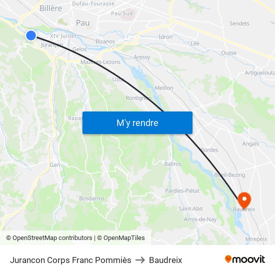 Jurancon Corps Franc Pommiès to Baudreix map