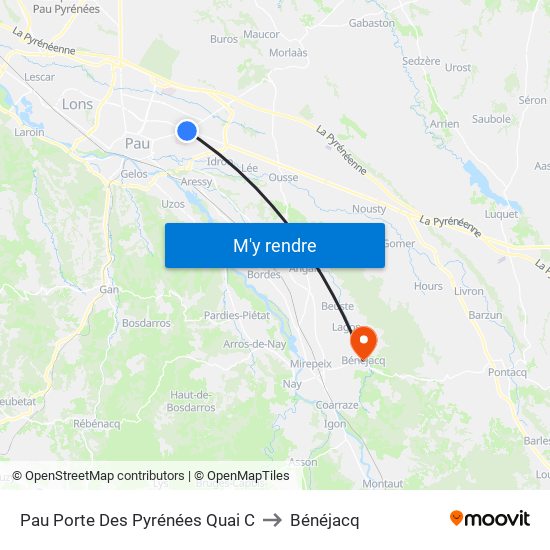 Pau Porte Des Pyrénées Quai C to Bénéjacq map