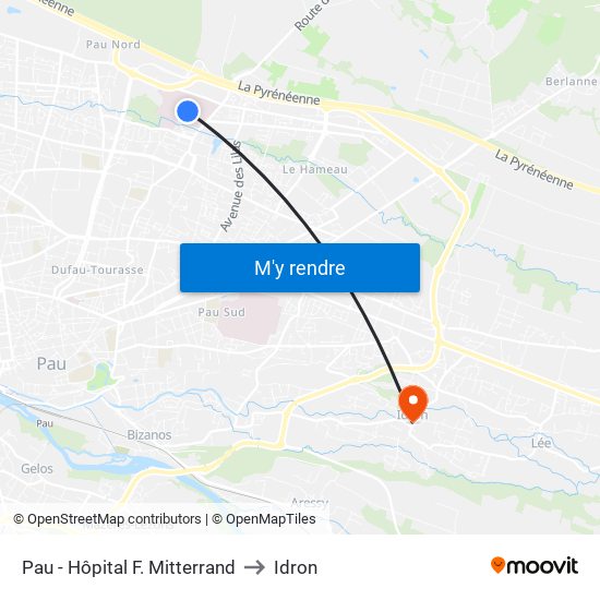 Pau - Hôpital F. Mitterrand to Idron map