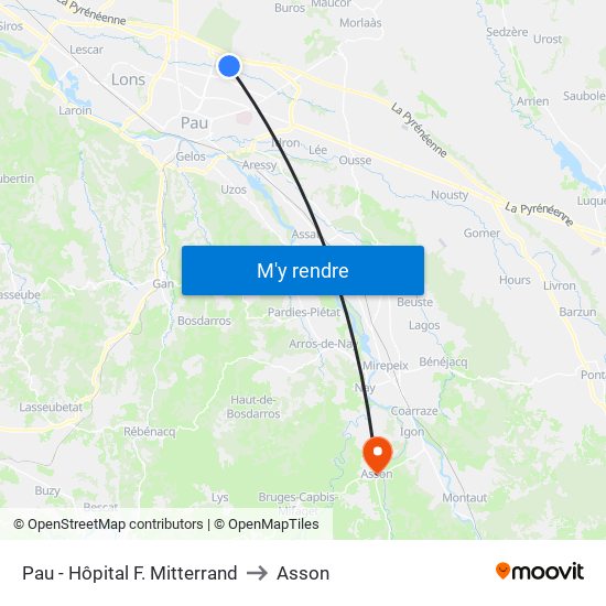 Pau - Hôpital F. Mitterrand to Asson map