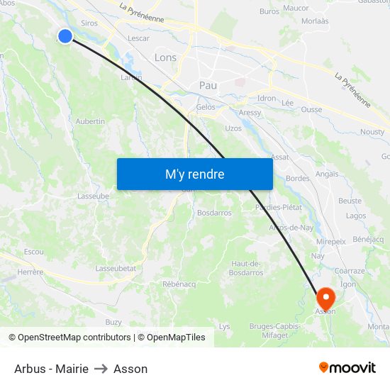 Arbus - Mairie to Asson map