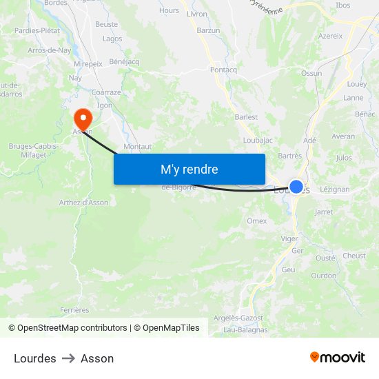 Lourdes to Asson map