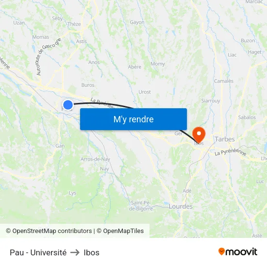 Pau - Université to Ibos map