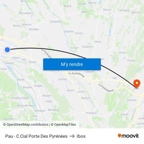 Pau - C.Cial Porte Des Pyrénées to Ibos map