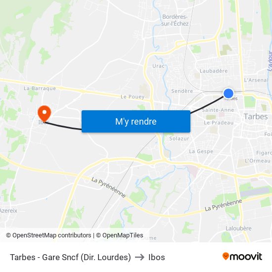 Tarbes - Gare Sncf (Dir. Lourdes) to Ibos map