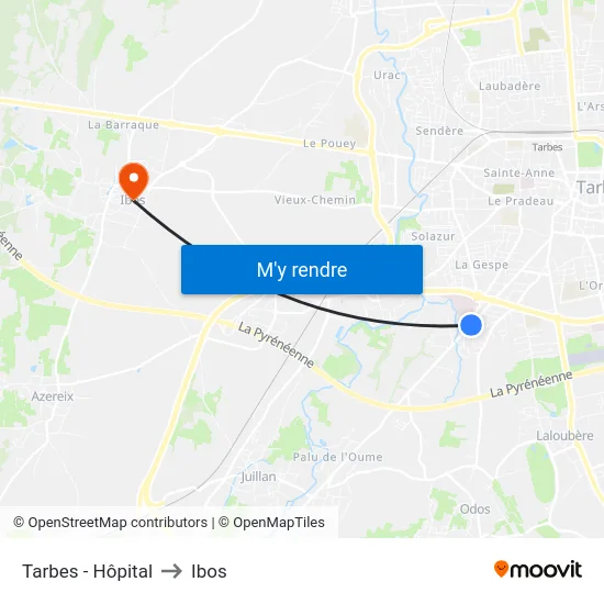 Tarbes - Hôpital to Ibos map
