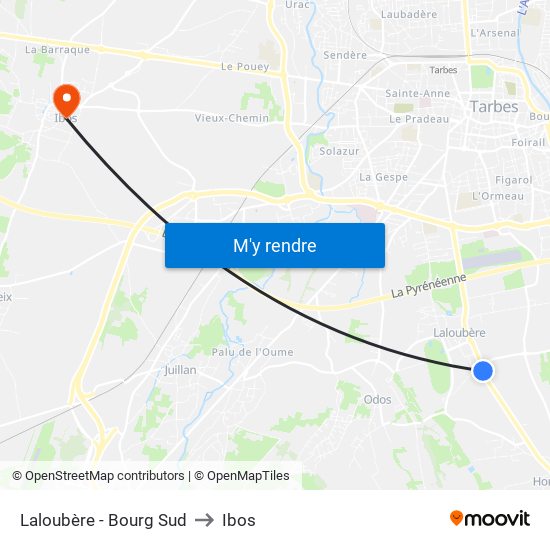 Laloubère - Bourg Sud to Ibos map