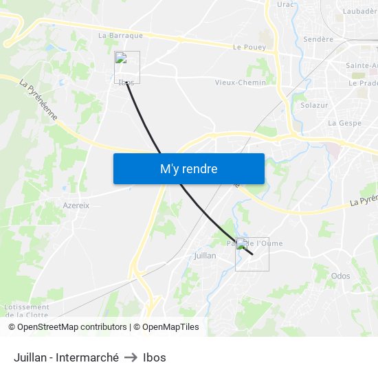 Juillan - Intermarché to Ibos map