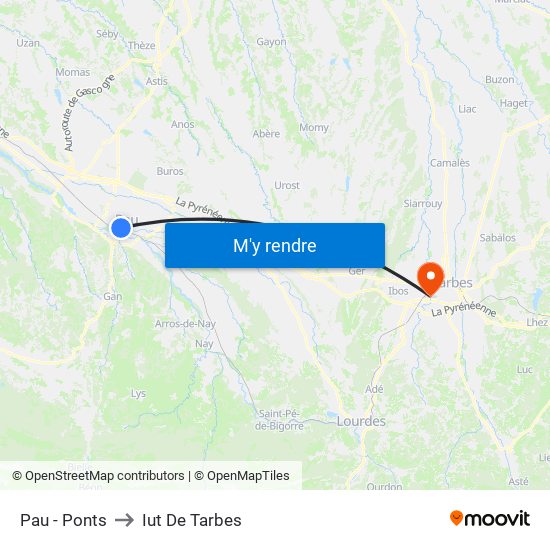 Pau - Ponts to Iut De Tarbes map