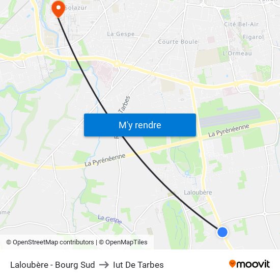 Laloubère - Bourg Sud to Iut De Tarbes map