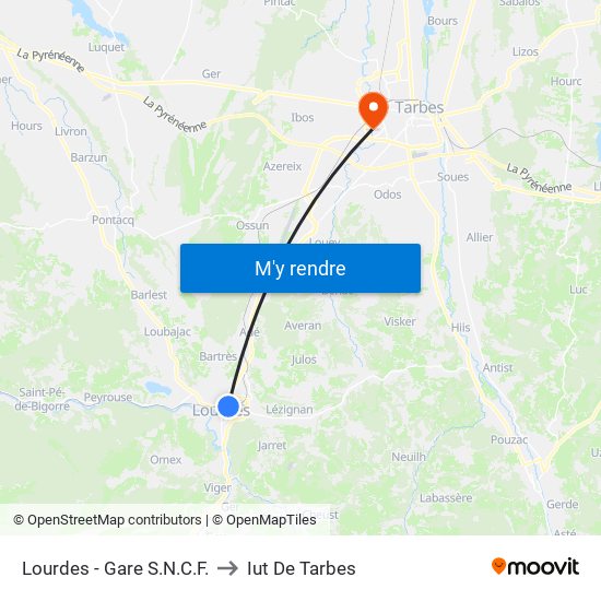 Lourdes - Gare S.N.C.F. to Iut De Tarbes map