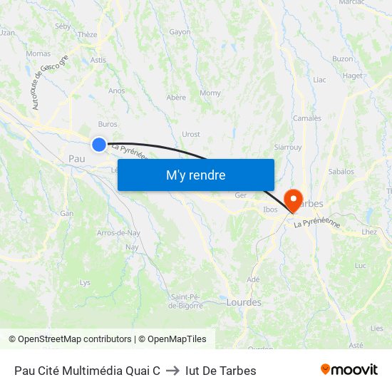 Pau Cité Multimédia Quai C to Iut De Tarbes map