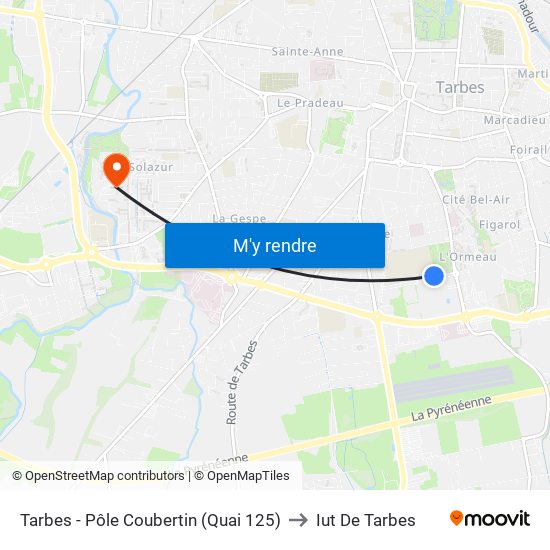 Tarbes - Pôle Coubertin (Quai 125) to Iut De Tarbes map