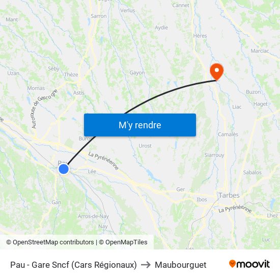 Pau - Gare Sncf (Cars Régionaux) to Maubourguet map