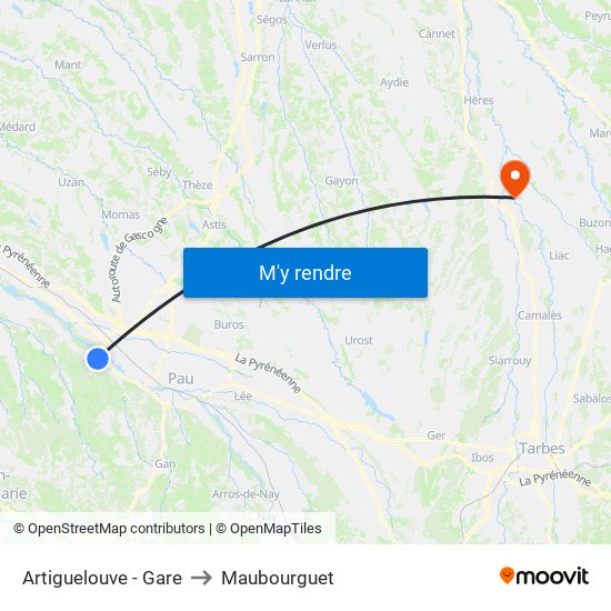 Artiguelouve - Gare to Maubourguet map