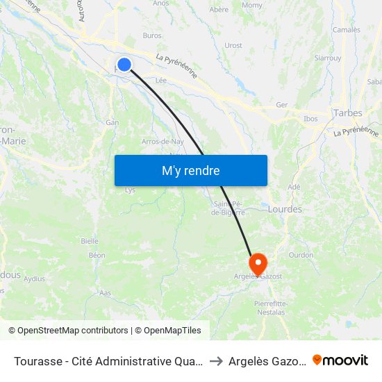 Tourasse - Cité Administrative Quai C to Argelès Gazost map