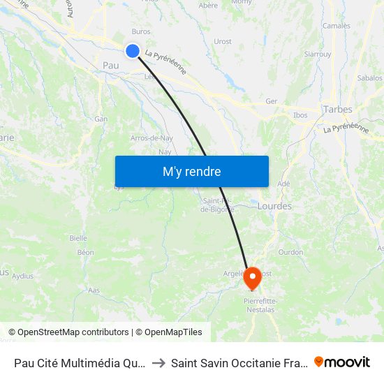 Pau Cité Multimédia Quai A to Saint Savin Occitanie France map