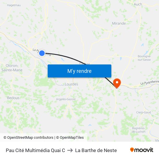 Pau Cité Multimédia Quai C to La Barthe de Neste map