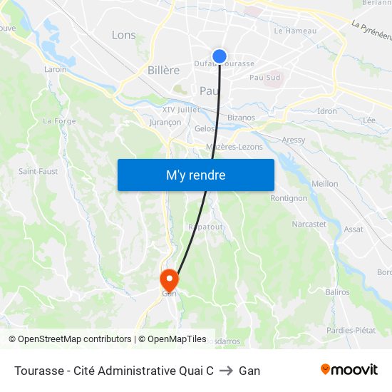 Tourasse - Cité Administrative Quai C to Gan map