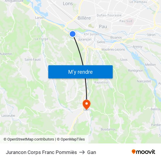 Jurancon Corps Franc Pommiès to Gan map