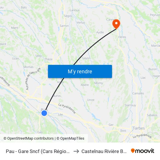 Pau - Gare Sncf (Cars Régionaux) to Castelnau Rivière Basse map