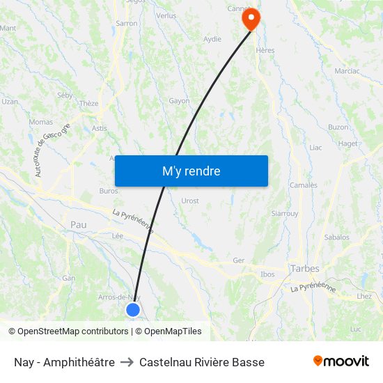 Nay - Amphithéâtre to Castelnau Rivière Basse map