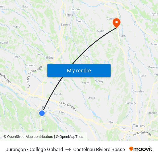 Jurançon - Collège Gabard to Castelnau Rivière Basse map