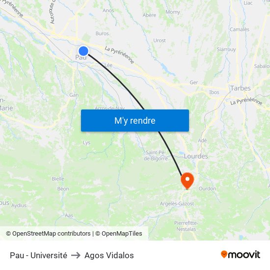 Pau - Université to Agos Vidalos map