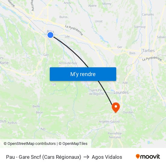 Pau - Gare Sncf (Cars Régionaux) to Agos Vidalos map