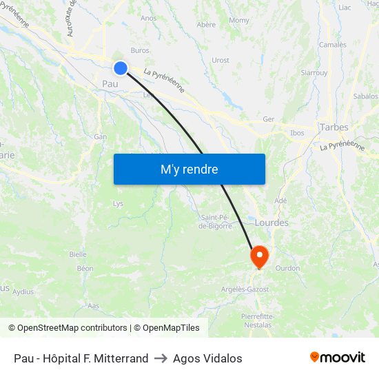 Pau - Hôpital F. Mitterrand to Agos Vidalos map