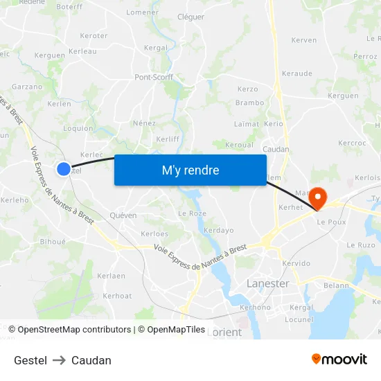 Gestel to Caudan map