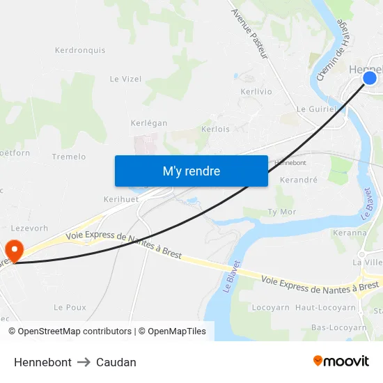 Hennebont to Caudan map