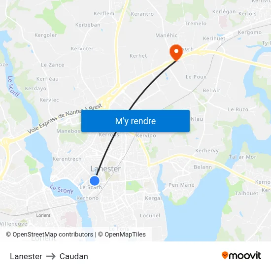 Lanester to Caudan map