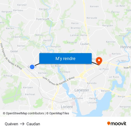 Quéven to Caudan map